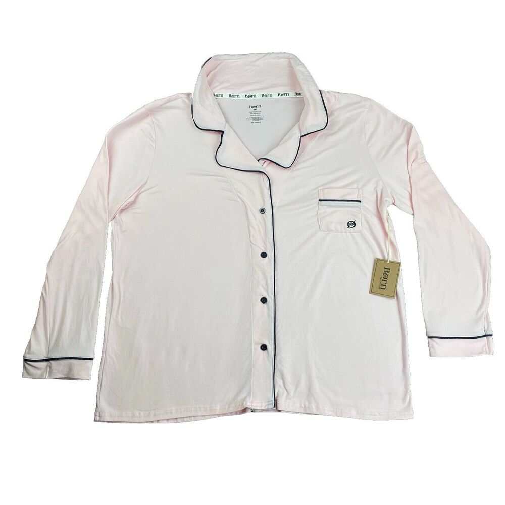 Born Pajama Top Womens 2X Soft Pink Black Trim Lounge Shirt Cozy Sleepwear